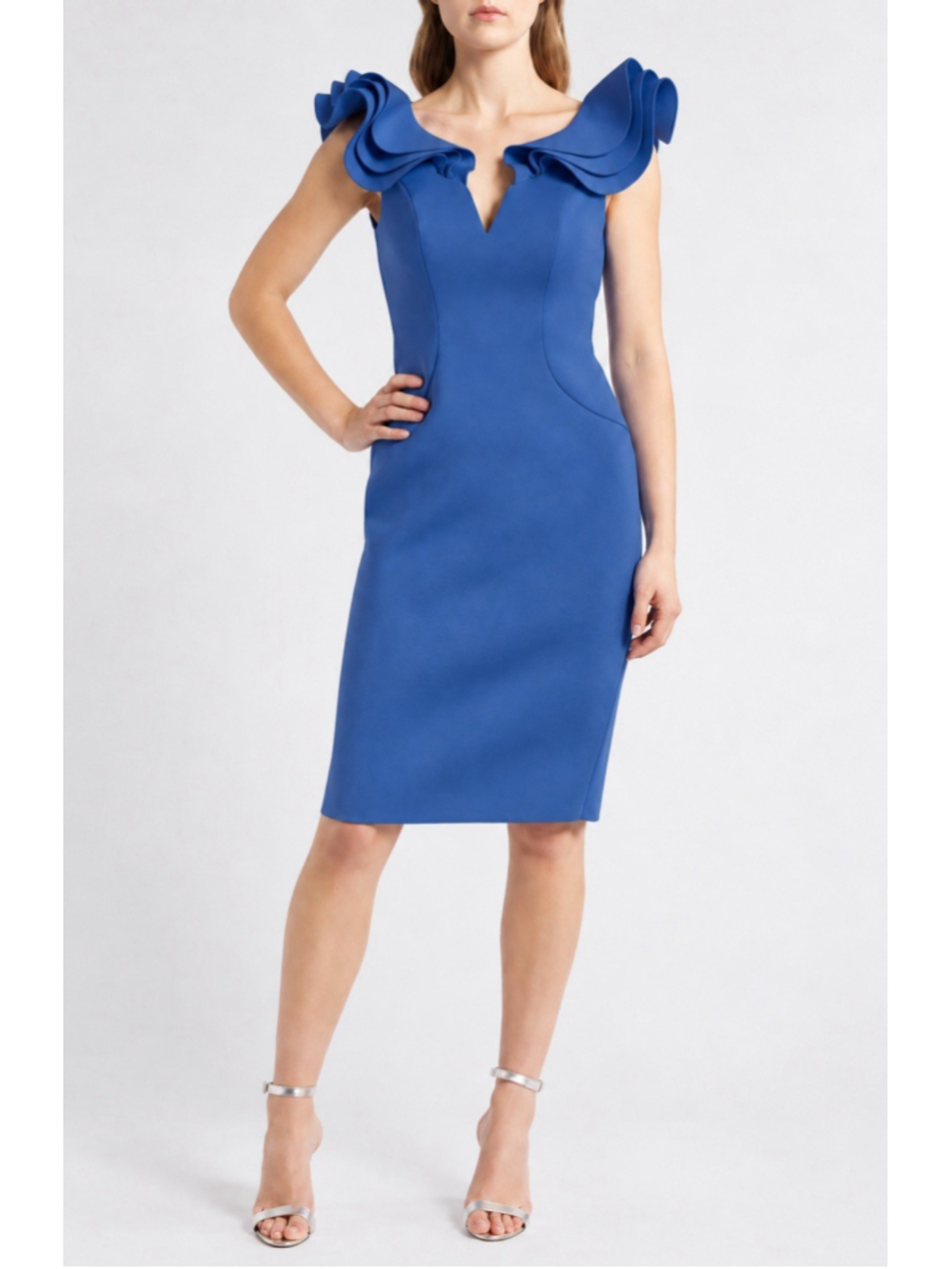 Eliza J Dress Blue Ruffle Shoulder Sheath Cocktail Wedding Guest Size 8